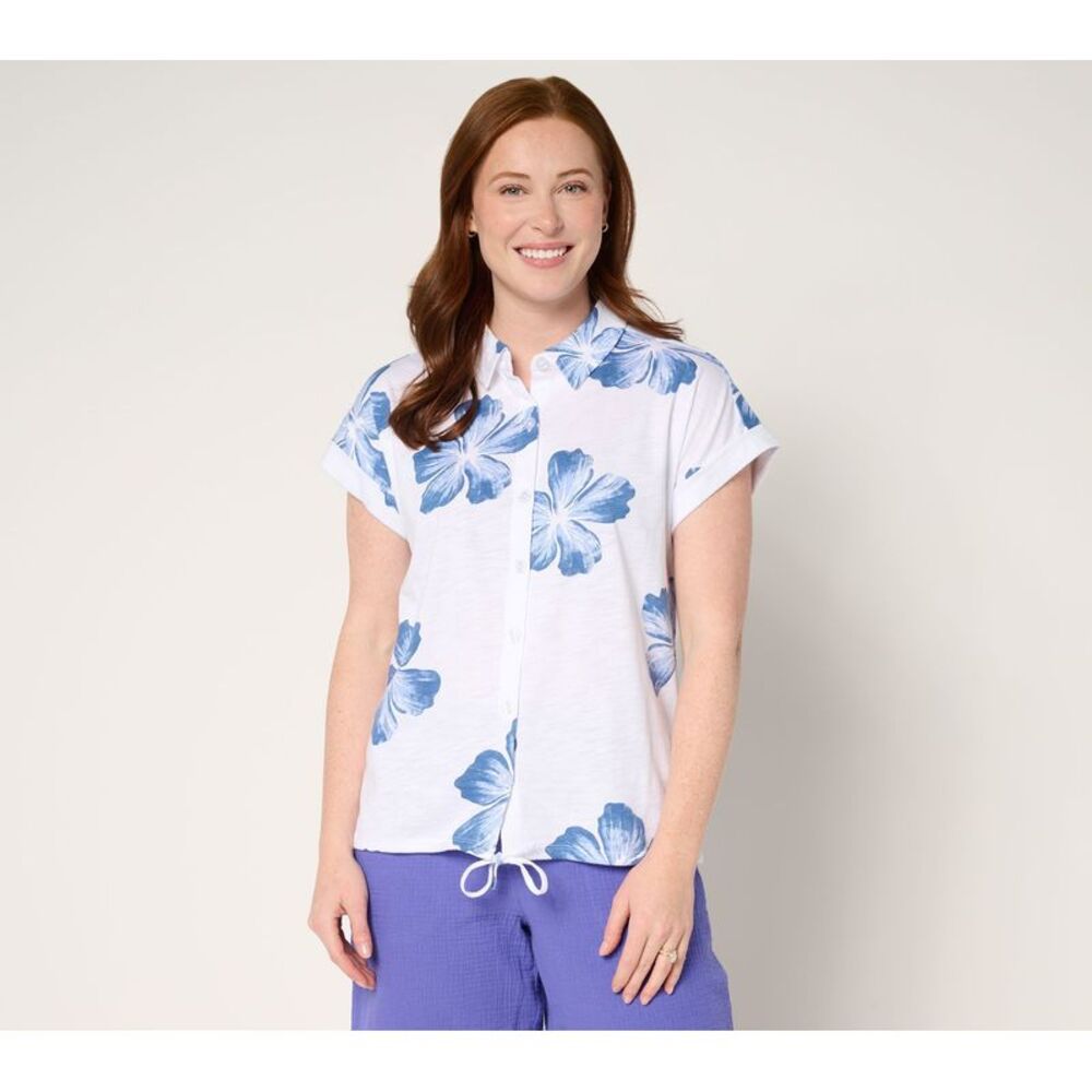Gloria Vanderbilt Women's Top Sz S Aloha Awaits Drawstring Button White A688052